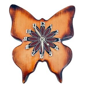Handmade Wood Butterfly Wall Clock Rustic Burnt Orange Floral Dial 8.5x7.5